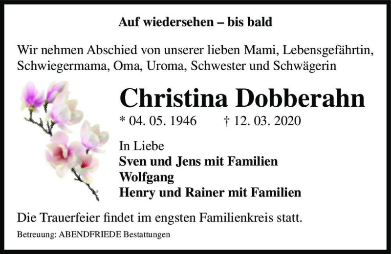  Traueranzeige für Christina Dobberahn  vom 28.03.2020 aus Magdeburger Volksstimme
