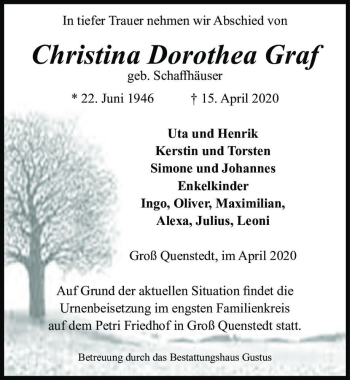 Traueranzeige von Christina Dorothea Graf (geb. Schaffhäuser)  von Magdeburger Volksstimme