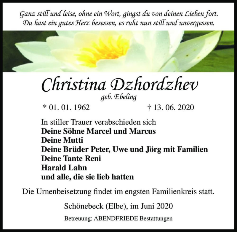  Traueranzeige für Christina Dzhordzhev (geb. Ebeling)  vom 27.06.2020 aus Magdeburger Volksstimme