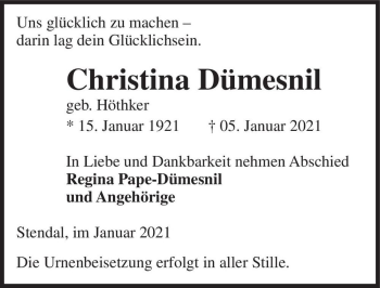 Traueranzeige von Christina Dümesnil (geb. Höthker)  von Magdeburger Volksstimme