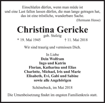 Traueranzeige von Christina Gericke (geb. Stelzig)  von Magdeburger Volksstimme