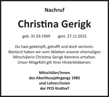 Traueranzeige von Christina Gerigk  von Magdeburger Volksstimme