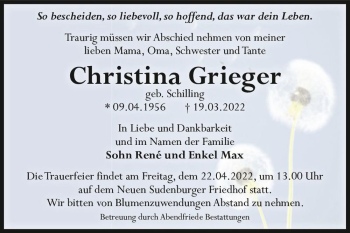 Traueranzeige von Christina Grieger (geb. Schilling)  von Magdeburger Volksstimme