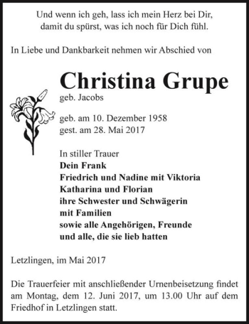 Traueranzeige von Christina Grupe (geb. Jacobs)  von Magdeburger Volksstimme