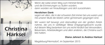 Traueranzeige von Christina Harksel  von Magdeburger Volksstimme