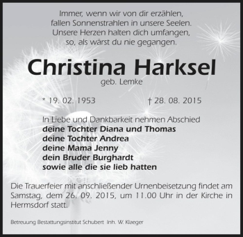 Traueranzeige von Christina Harksel (geb. Lemke)  von Magdeburger Volksstimme