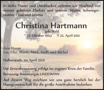 Traueranzeige von Christina Hartmann (geb. Wald)  von Magdeburger Volksstimme