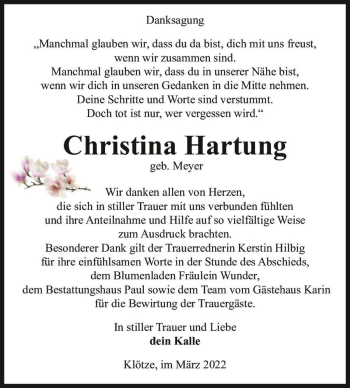 Traueranzeige von Christina Hartung (geb. Meyer)  von Magdeburger Volksstimme