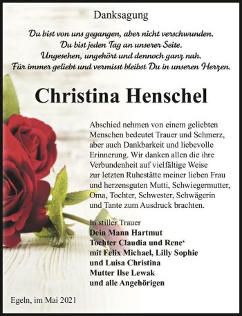 Traueranzeige von Christina Henschel  von Magdeburger Volksstimme