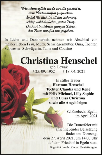 Traueranzeige von Christina Henschel (geb. Lewak)  von Magdeburger Volksstimme