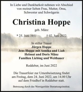 Traueranzeige von Christina Hoppe (geb. Mänz)  von Magdeburger Volksstimme