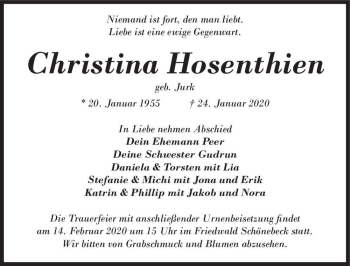 Traueranzeige von Christina Hosenthien (geb. Jurk)  von Magdeburger Volksstimme