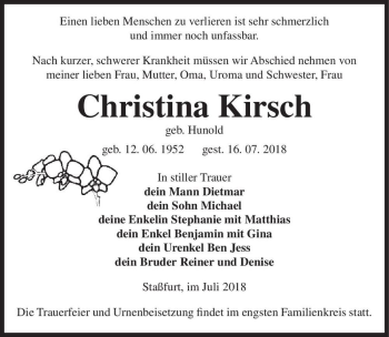 Traueranzeige von Christina Kirsch (geb. Hunold)  von Magdeburger Volksstimme