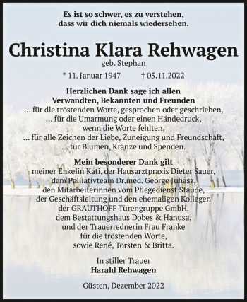 Traueranzeige von Christina Klara Rehwagen (geb. Stephan)  von Magdeburger Volksstimme