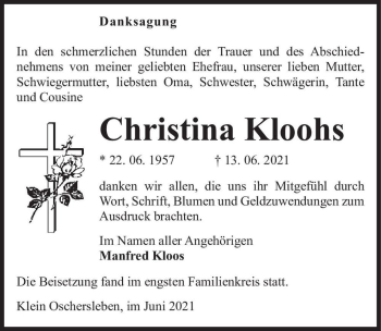 Traueranzeige von Christina Kloohs  von Magdeburger Volksstimme
