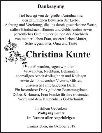 Traueranzeige von Christina Kunte  von Magdeburger Volksstimme