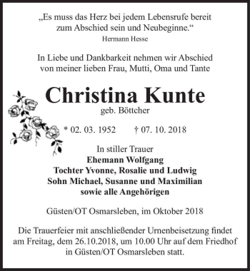 Traueranzeige von Christina Kunte (geb. Böttcher)  von Magdeburger Volksstimme