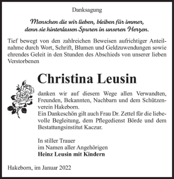 Traueranzeige von Christina Leusin  von Magdeburger Volksstimme