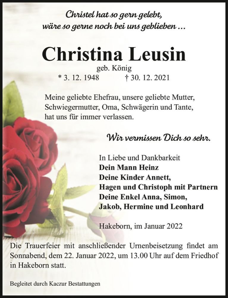  Traueranzeige für Christina Leusin (geb. König)  vom 05.01.2022 aus Magdeburger Volksstimme