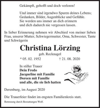 Traueranzeige von Christina Lörzing (geb. Recknagel)  von Magdeburger Volksstimme