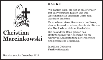 Traueranzeige von Christina Marcinkowski  von Magdeburger Volksstimme