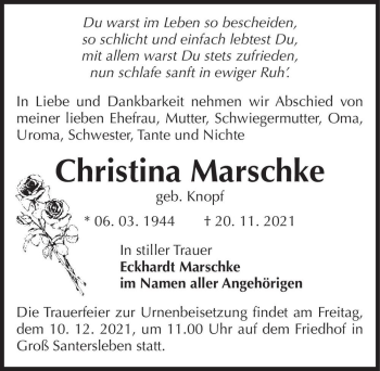 Traueranzeige von Christina Marschke (geb. Knopf)  von Magdeburger Volksstimme