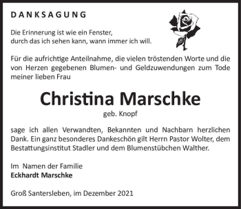 Traueranzeige von Christina Marschke (geb. Knopf)  von Magdeburger Volksstimme
