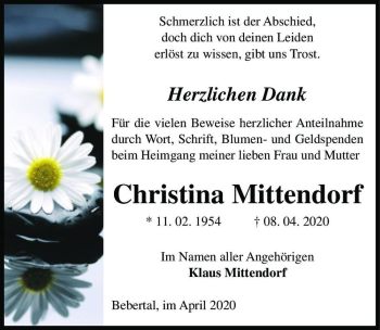 Traueranzeige von Christina Mittendorf  von Magdeburger Volksstimme