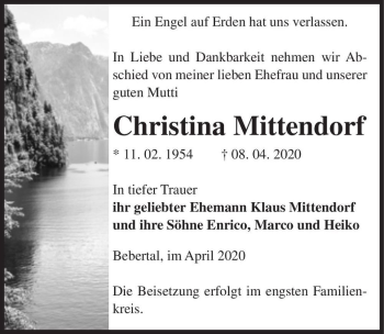 Traueranzeige von Christina Mittendorf  von Magdeburger Volksstimme