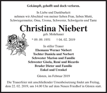 Traueranzeige von Christina Niebert (geb. Mohrhauer)  von Magdeburger Volksstimme