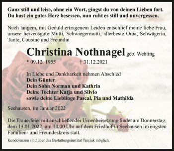 Traueranzeige von Christina Nothnagel (geb. Wehling)  von Magdeburger Volksstimme