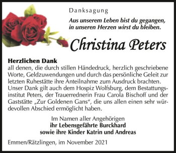 Traueranzeige von Christina Peters  von Magdeburger Volksstimme