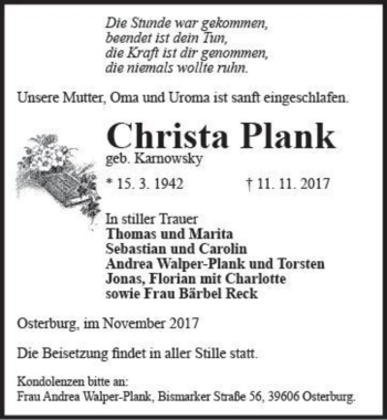 Traueranzeige von Christina Plank (geb. Karnowsky)  von Magdeburger Volksstimme