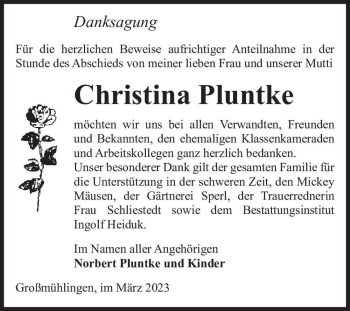 Traueranzeige von Christina Pluntke  von Magdeburger Volksstimme