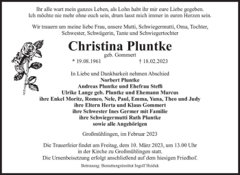 Traueranzeige von Christina Pluntke (geb. Gommert)  von Magdeburger Volksstimme