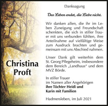 Traueranzeige von Christina Proft  von Magdeburger Volksstimme