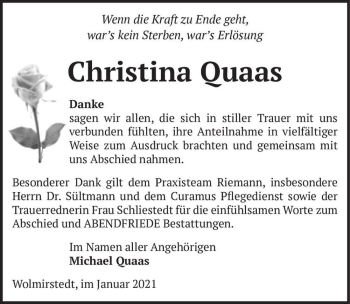 Traueranzeige von Christina Quaas  von Magdeburger Volksstimme