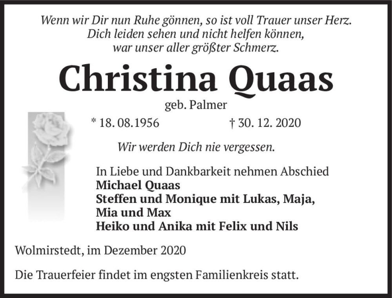  Traueranzeige für Christina Quaas (geb. Palmer)  vom 09.01.2021 aus Magdeburger Volksstimme