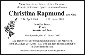 Traueranzeige von Christina Rapmund (geb. Glag)  von Magdeburger Volksstimme