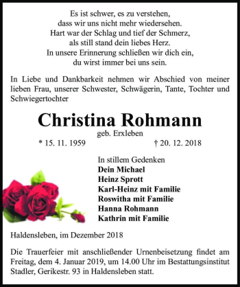 Traueranzeige von Christina Rohmann (geb. Erxleben)  von Magdeburger Volksstimme