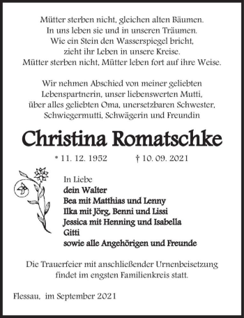 Traueranzeige von Christina Romatschke  von Magdeburger Volksstimme