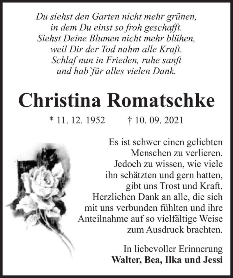  Traueranzeige für Christina Romatschke  vom 02.10.2021 aus Magdeburger Volksstimme