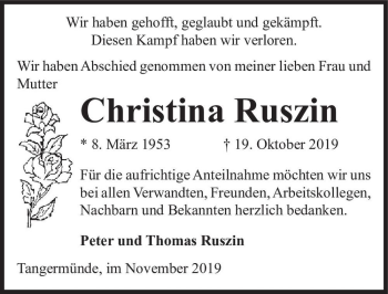 Traueranzeige von Christina Ruszin  von Magdeburger Volksstimme