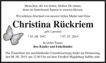 Traueranzeige von Christina Rückriem (geb. Lawrenz)  von Magdeburger Volksstimme