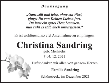 Traueranzeige von Christina Sandring (geb. Michaelis)  von Magdeburger Volksstimme