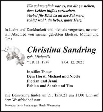Traueranzeige von Christina Sandring (geb. Michaelis)  von Magdeburger Volksstimme