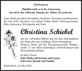 Traueranzeige von Christina Schiebel  von Magdeburger Volksstimme