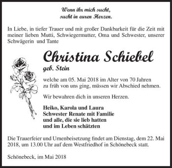 Traueranzeige von Christina Schiebel (geb. Stein)  von Magdeburger Volksstimme
