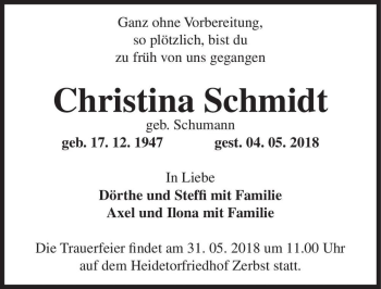 Traueranzeige von Christina Schmidt (geb. Schumann)  von Magdeburger Volksstimme