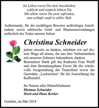 Traueranzeige von Christina Schneider  von Magdeburger Volksstimme